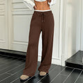 Women's Western Casual High Waist Drawstring Wide Leg Pants with Color Block Splice Design