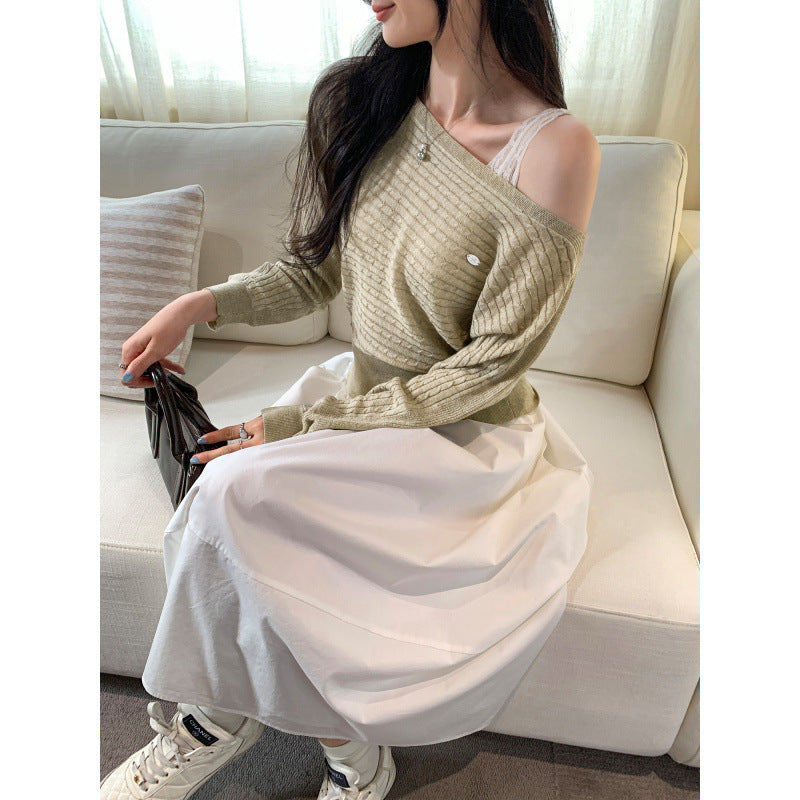Relaxed Shoulder-Baring Cable Knit Sweater for Women