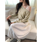 Relaxed Shoulder-Baring Cable Knit Sweater for Women