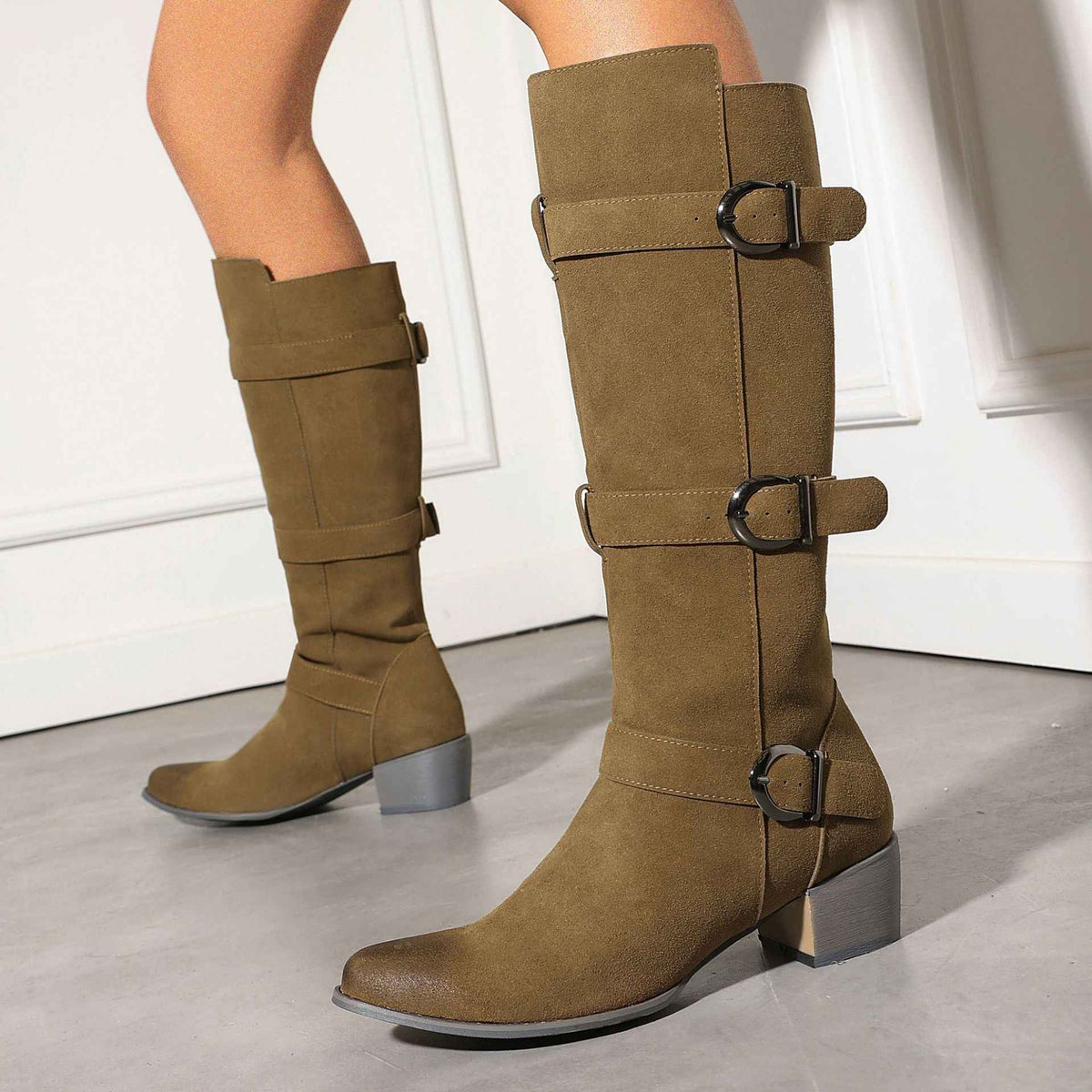 Women's Suede Over-the-Knee Boots with Chunky Heel & Belt Buckle | District Hurd Limited