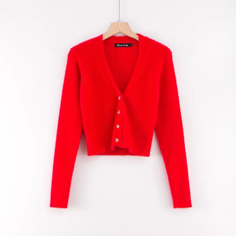 Women Slim Deep V-neck Long Sleeve Cardigan Sweater