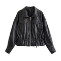 Pocket hem drawstring waist cinching leather jacket for women