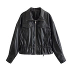 Pocket hem drawstring waist cinching leather jacket for women