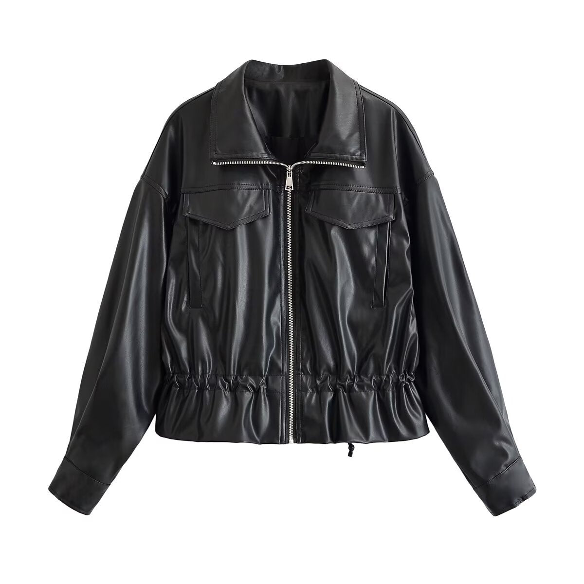 Pocket hem drawstring waist cinching leather jacket for women