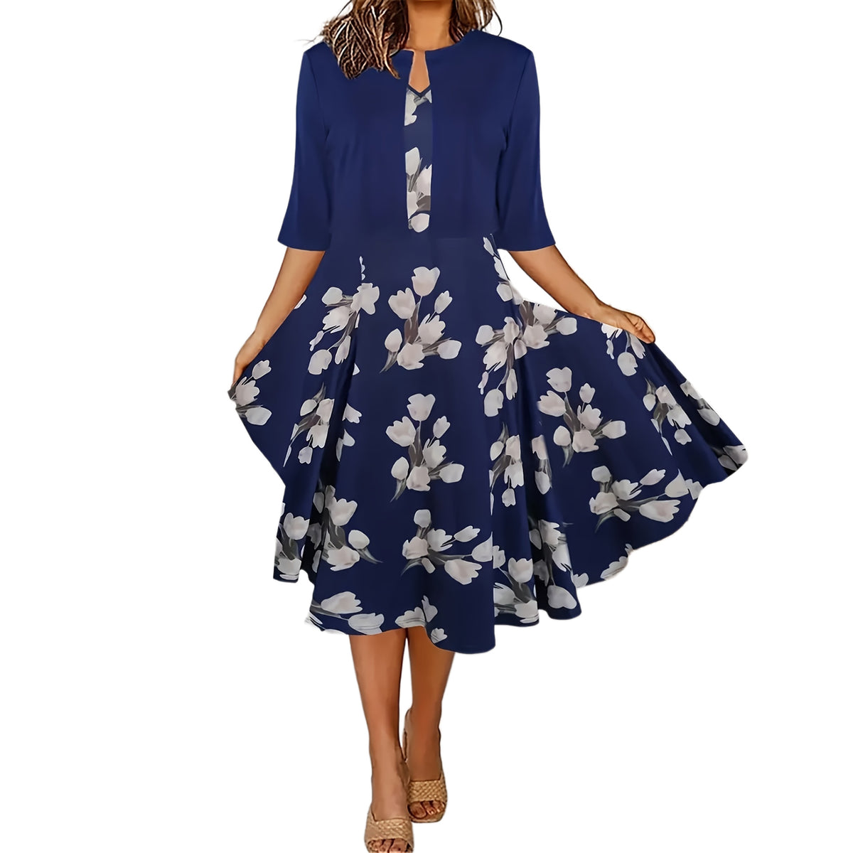 Two-piece long dress with floral and grass print round neckline