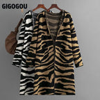 Zebra Patern Open Stitch Women Cardigans Long Knit Female Outerwear Women Hooded Cardigans With Pocket Autumn Winter Coa