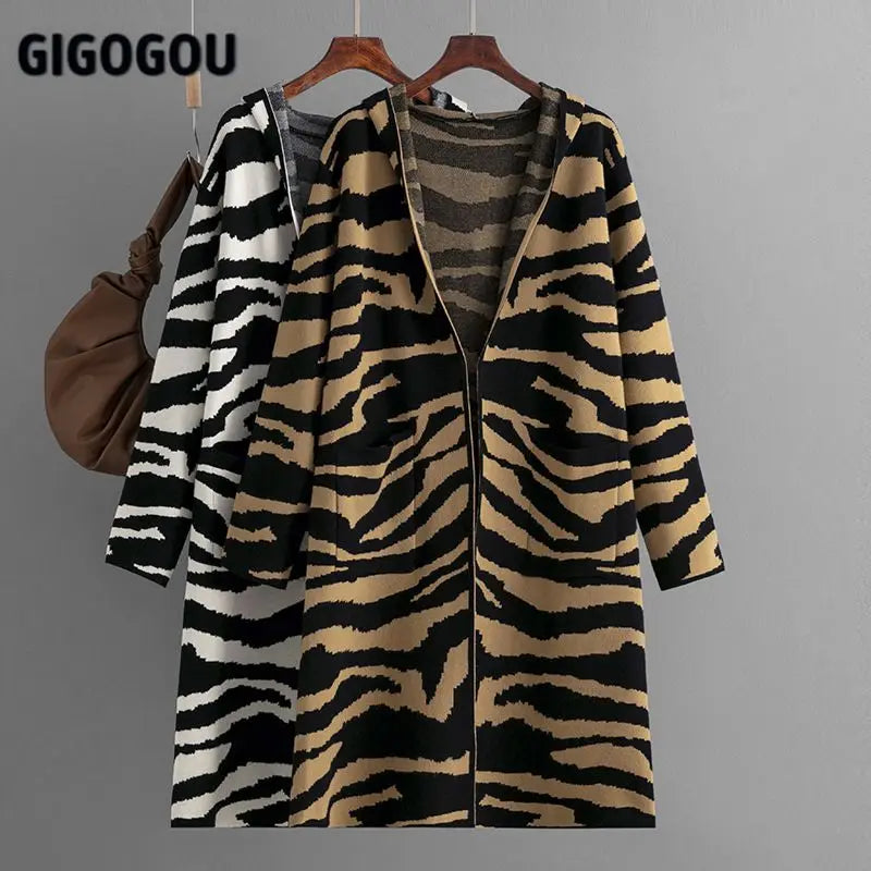 Zebra Patern Open Stitch Women Cardigans Long Knit Female Outerwear Women Hooded Cardigans With Pocket Autumn Winter Coa