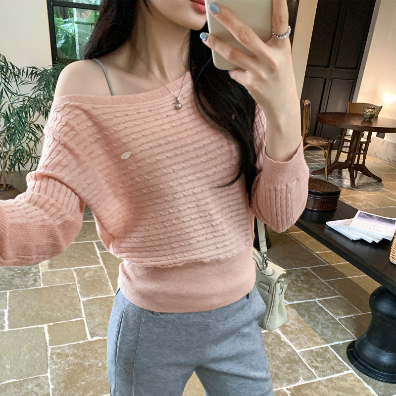 Relaxed Shoulder-Baring Cable Knit Sweater for Women