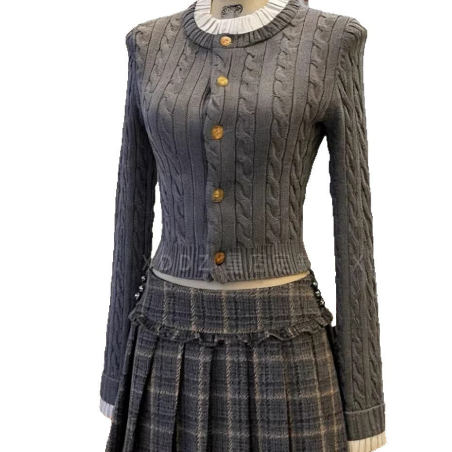 Gray Knit Cable Knit Sweater Plaid Skirt