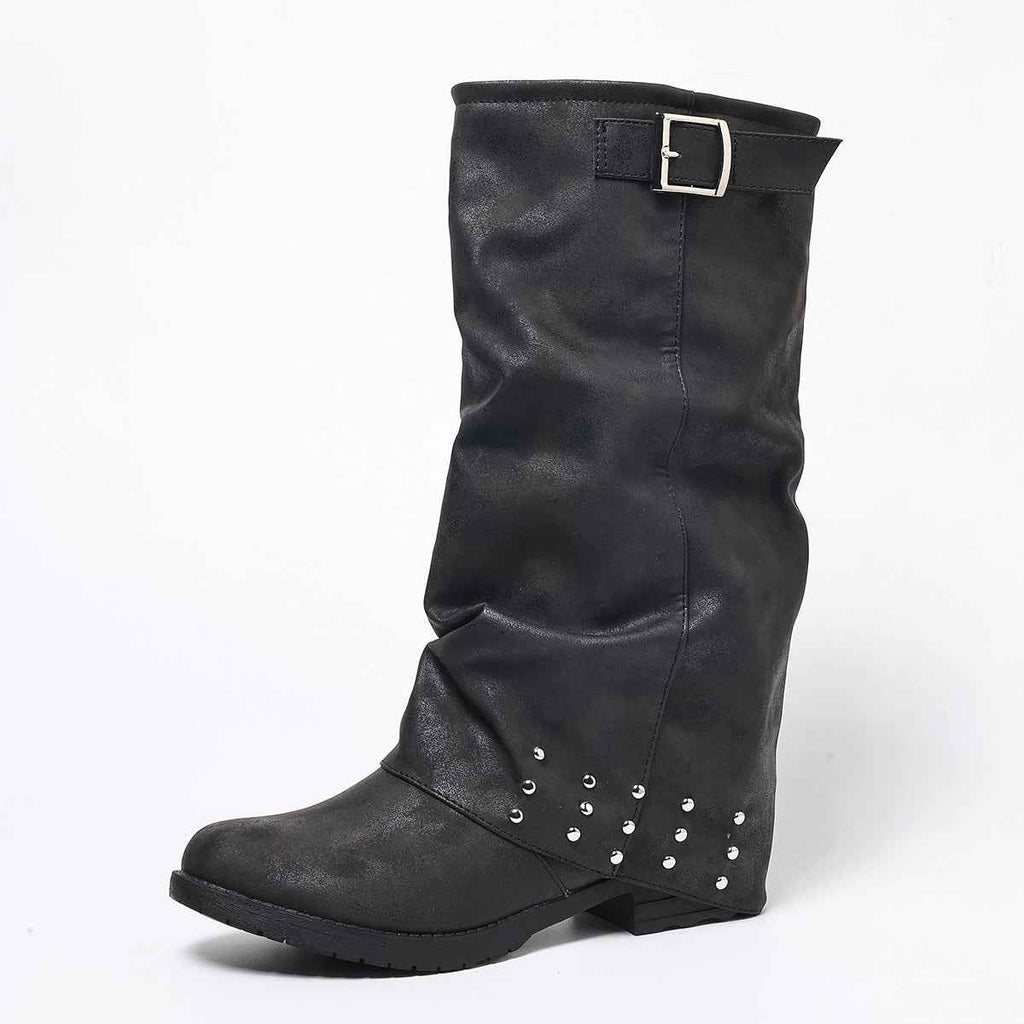 Women's Pleated Mid-Calf Western Boots with Tassel & Copper Buckle | District Hurd Limited
