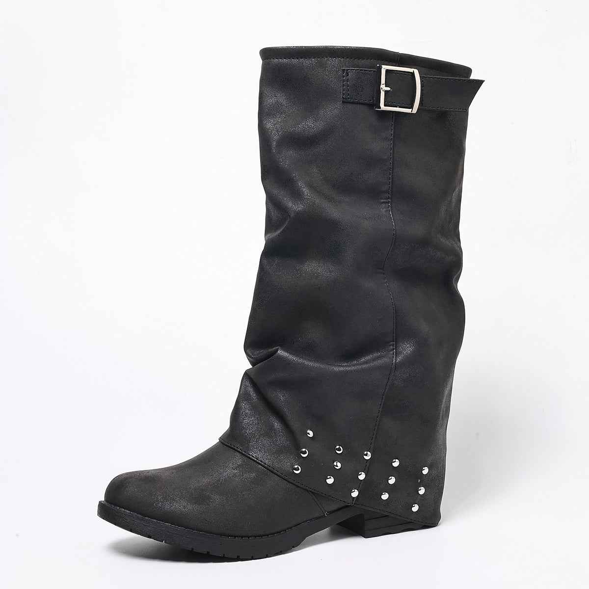 Women's Pleated Mid-Calf Western Boots with Tassel & Copper Buckle | District Hurd Limited