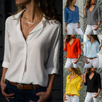 Long Sleeve Deep V-Neck Buttoned Chiffon Blouse