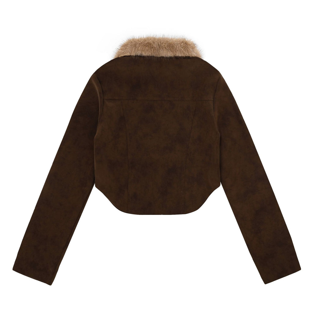 Zippered Lapel with Detachable Fur Collar Jacket