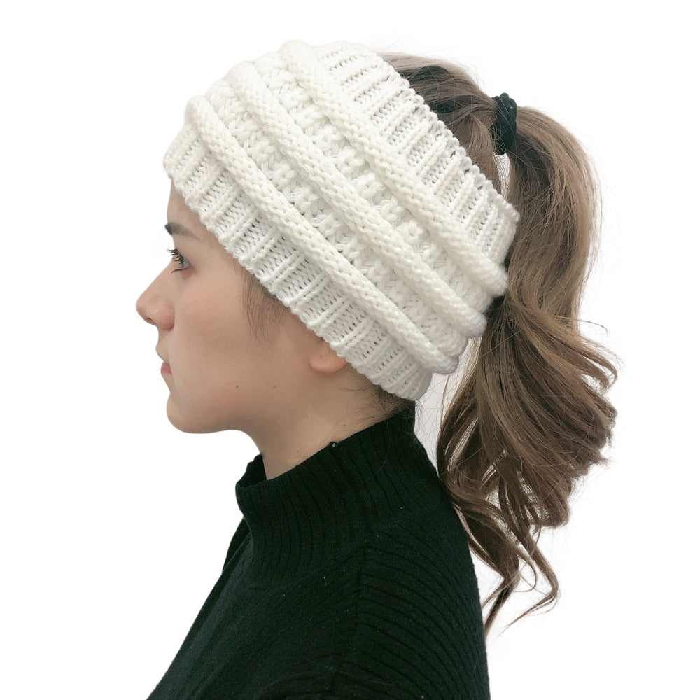 New Ponytail Beanie Women Stretch Knitted Crochet Beanies Winter Hats For Women Hats Cap Warm Lady Messy Bun Wholesale