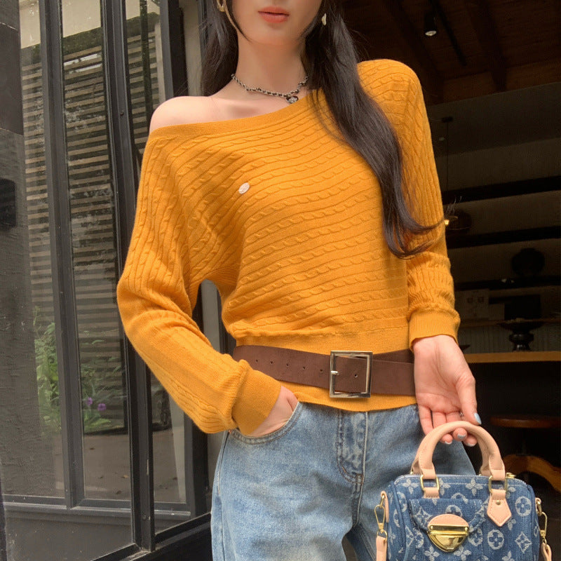 Relaxed Shoulder-Baring Cable Knit Sweater for Women