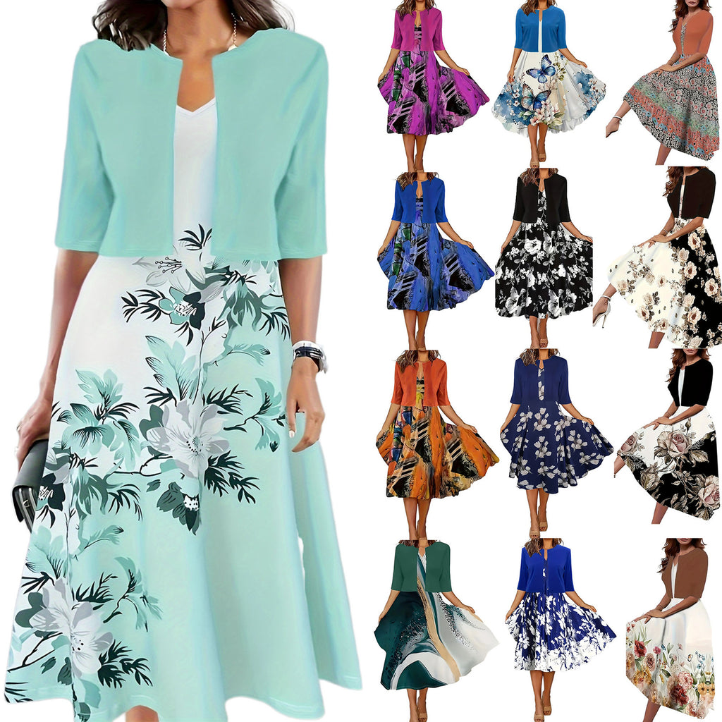 Two-piece long dress with floral and grass print round neckline