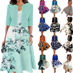 Two-piece long dress with floral and grass print round neckline