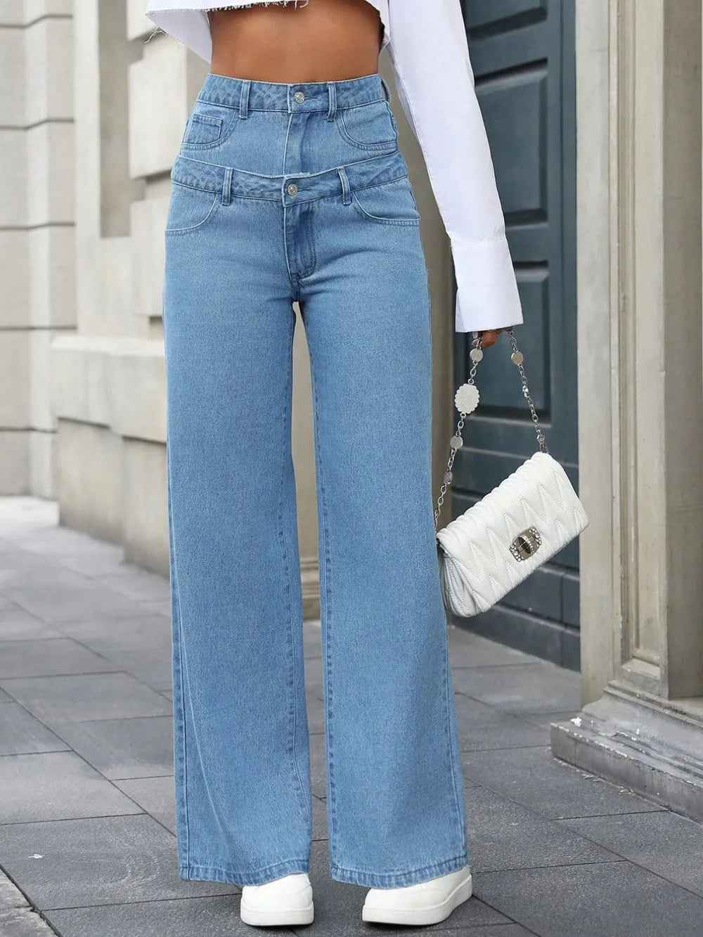Women's Double Waistband Wide Leg Straight Trousers | District Hurd Limited