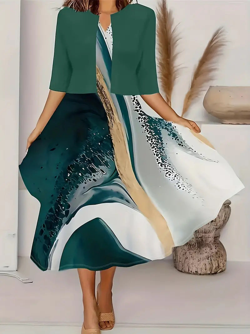 Two-piece long dress with floral and grass print round neckline