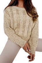 Khaki Eyelets Cable Knit Drop Shoulder Sweater