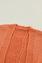 Ribbed Trim Eyelet Cable Knit Cardigan
