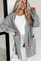Ribbed Trim Eyelet Cable Knit Cardigan