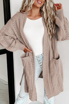 Ribbed Trim Eyelet Cable Knit Cardigan