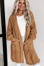 Ribbed Trim Eyelet Cable Knit Cardigan
