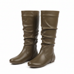 Women's Pleated Leather Flat Mid-Calf Boots with Side Zip | District Hurd Limited