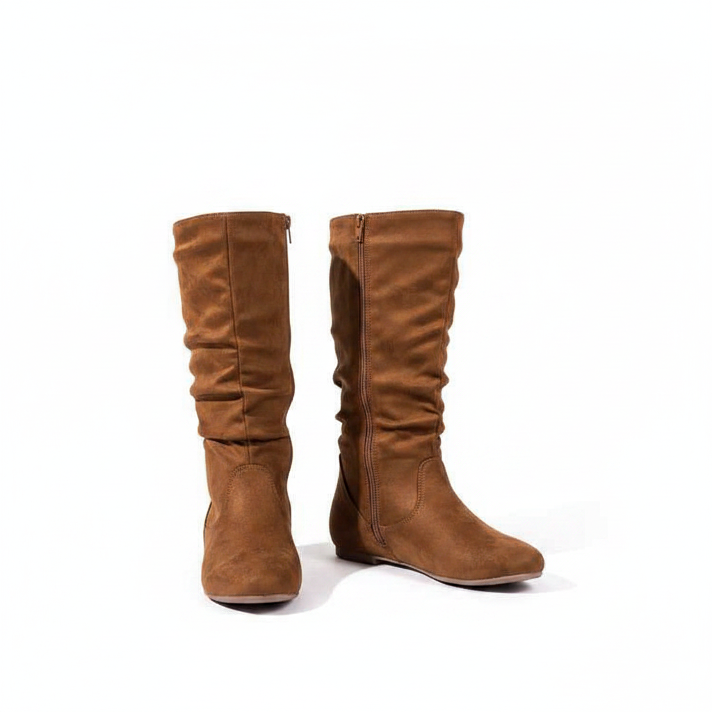 Women's Pleated Leather Flat Mid-Calf Boots with Side Zip | District Hurd Limited