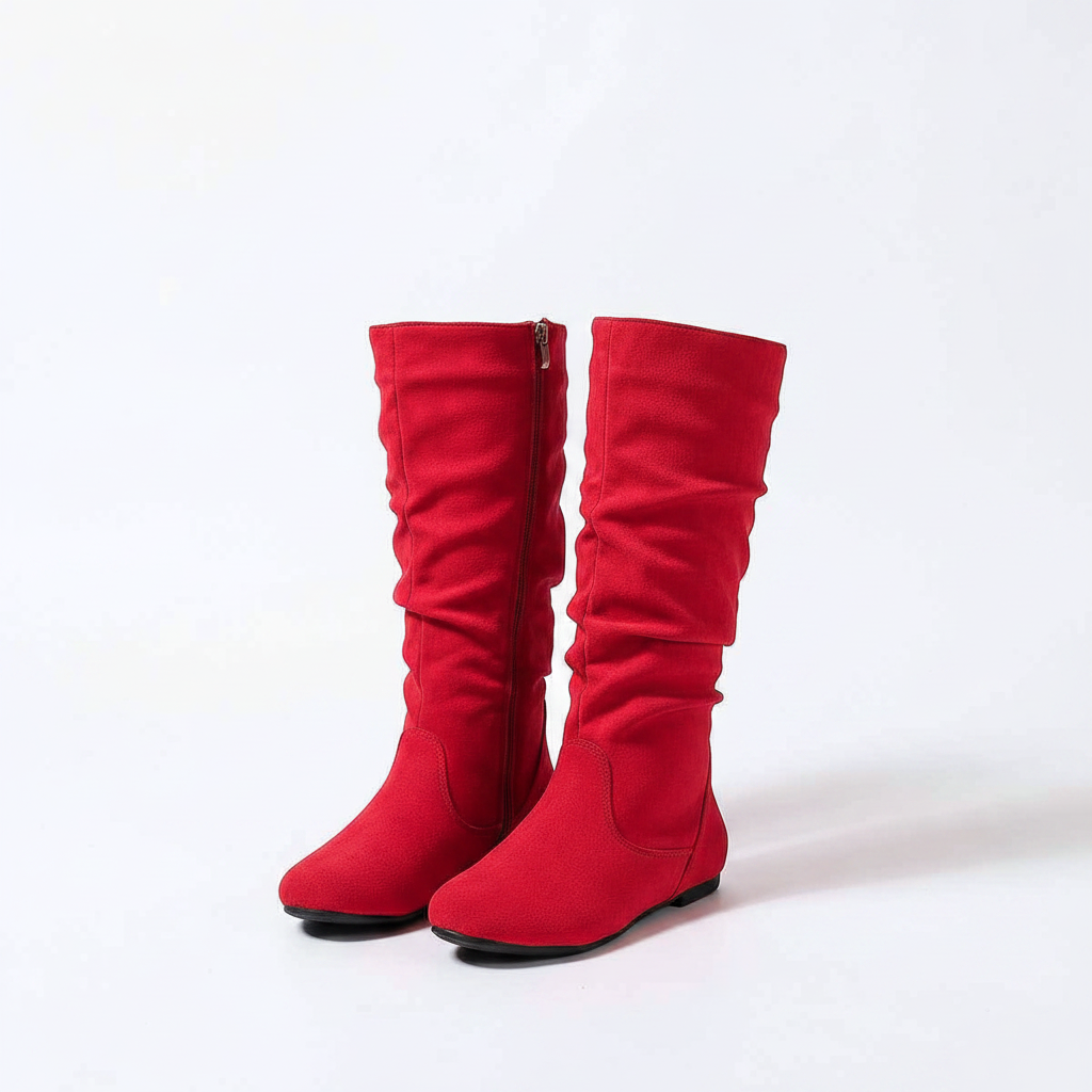 Women's Pleated Leather Flat Mid-Calf Boots with Side Zip | District Hurd Limited