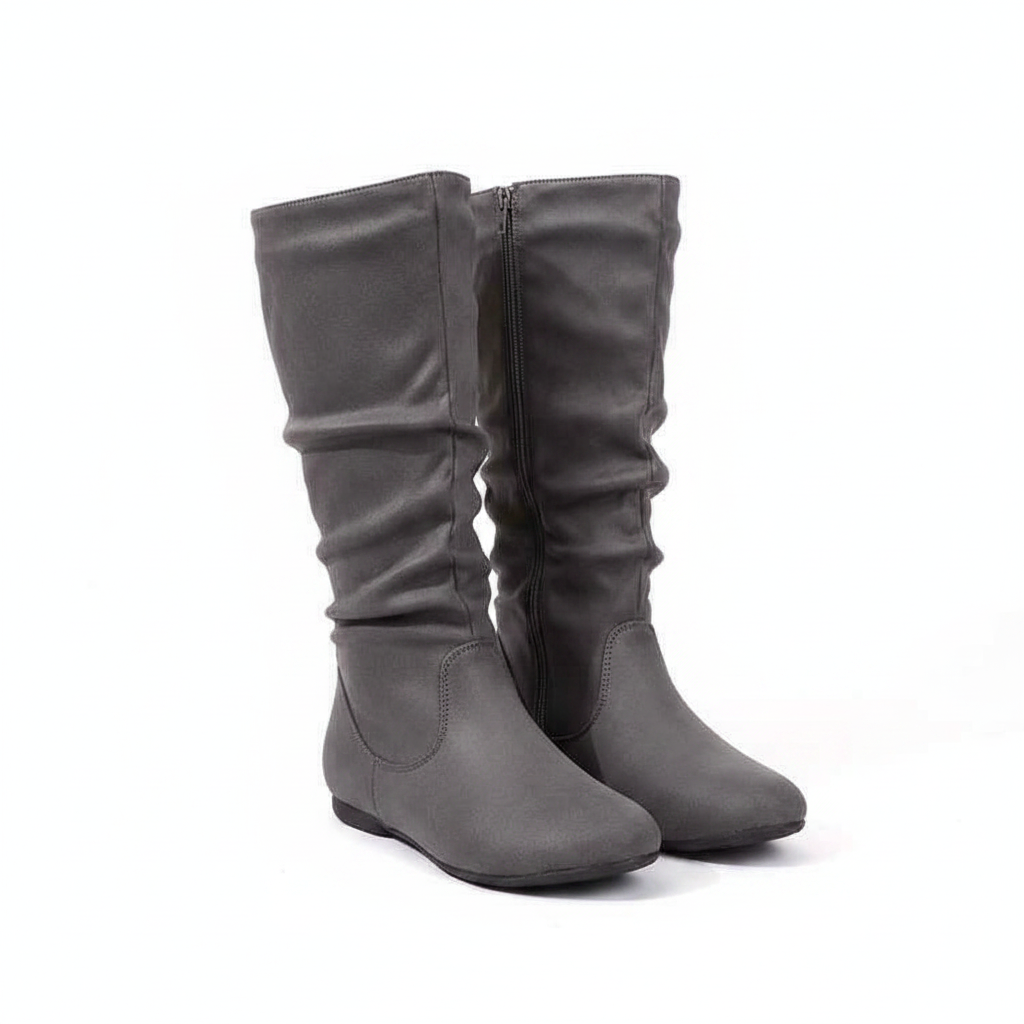 Women's Pleated Leather Flat Mid-Calf Boots with Side Zip | District Hurd Limited