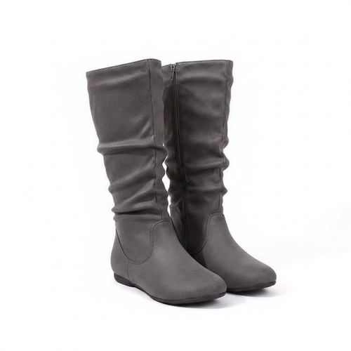 Women's Pleated Leather Flat Mid-Calf Boots with Side Zip | District Hurd Limited