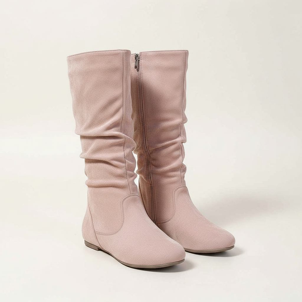 Women's Pleated Leather Flat Mid-Calf Boots with Side Zip | District Hurd Limited