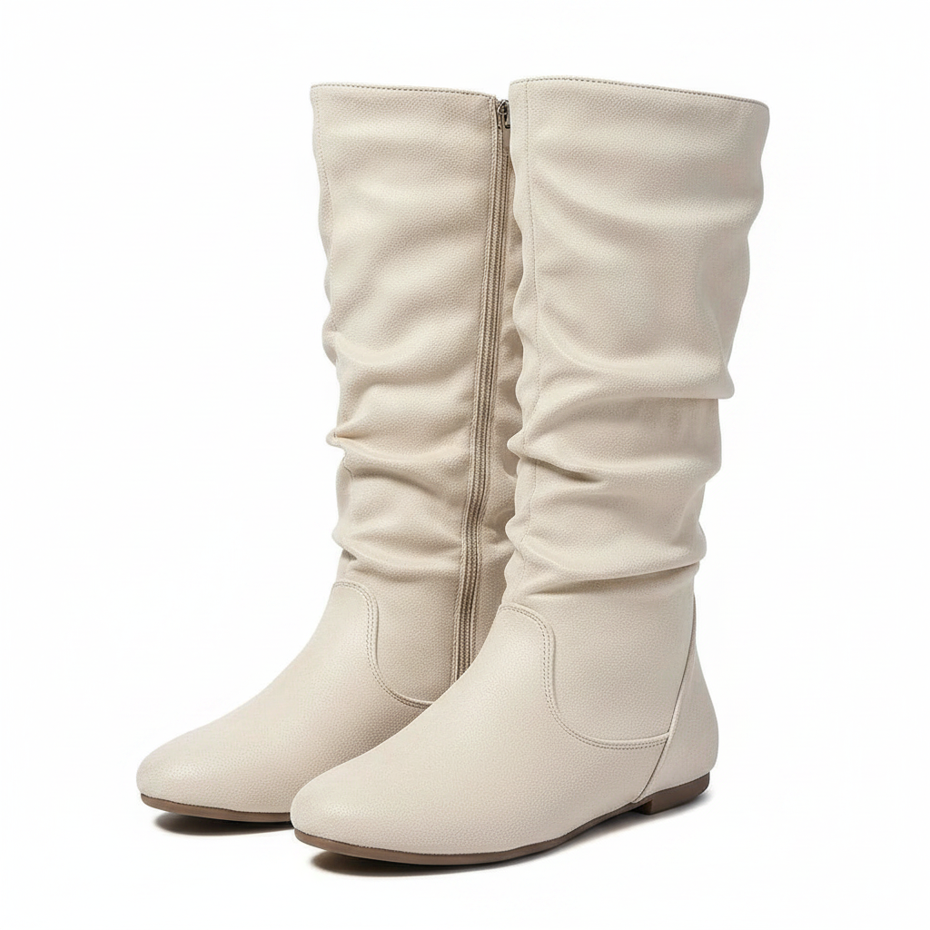 Women's Pleated Leather Flat Mid-Calf Boots with Side Zip | District Hurd Limited