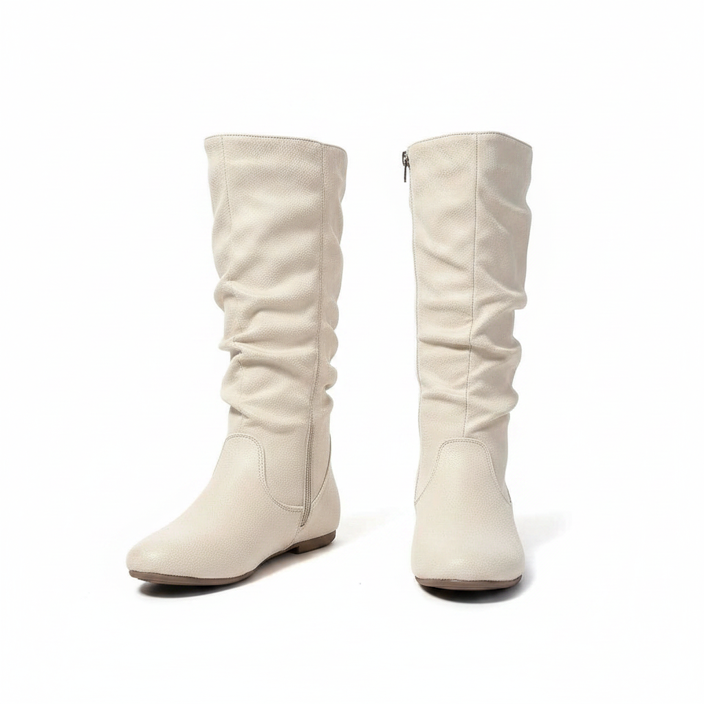 Women's Pleated Leather Flat Mid-Calf Boots with Side Zip | District Hurd Limited