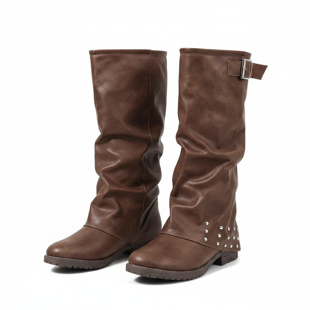 Women's Pleated Mid-Calf Western Boots with Tassel & Copper Buckle | District Hurd Limited